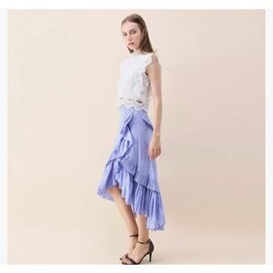 CHICWISH Women's Blue Stripes Ruffle Tiered Frill Hi-Lo Hem Midi Skirt Sz XS